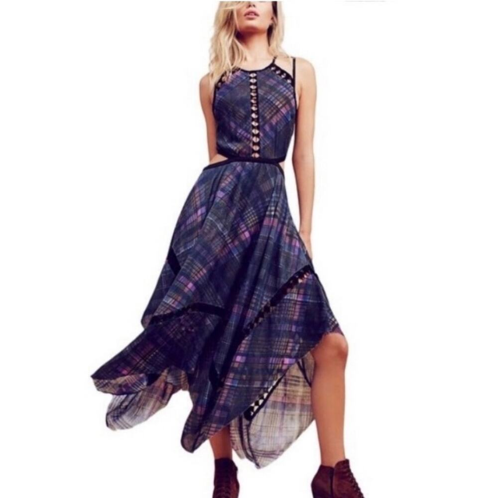 Free People Navy & Purple Plaid Midi Dress